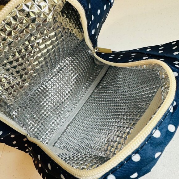Small Blue Polka Dot Insulated Lunch Bag With Handles & Zipper Closure - Picture 9 of 11